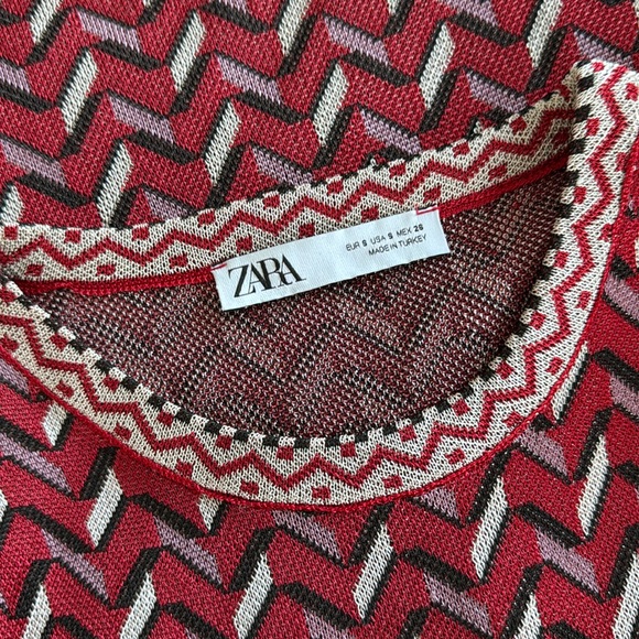 Zara Red Black White Chevron Pattern Polyester Knit 3/4 Sleeve Dress S - Picture 7 of 8
